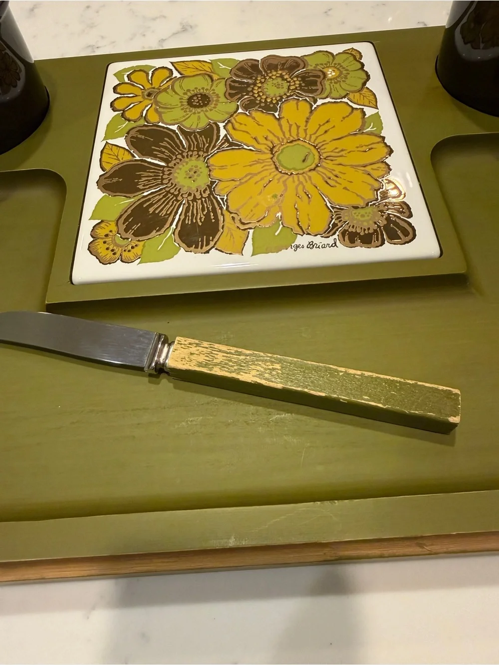 MCM Georges Briard Avocado Green Cocktail Serving Tray Set Tile Cheese Knife